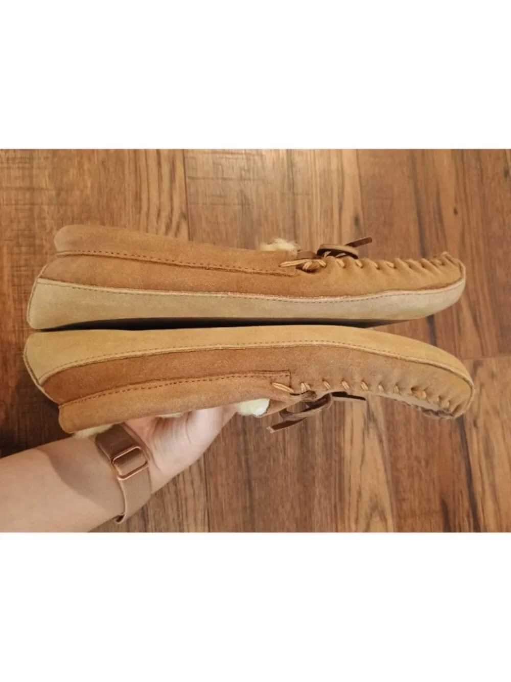 LL Bean Big Kid Brown Suede Wicked Good Shearling Line Moccasin Slippers Size 6